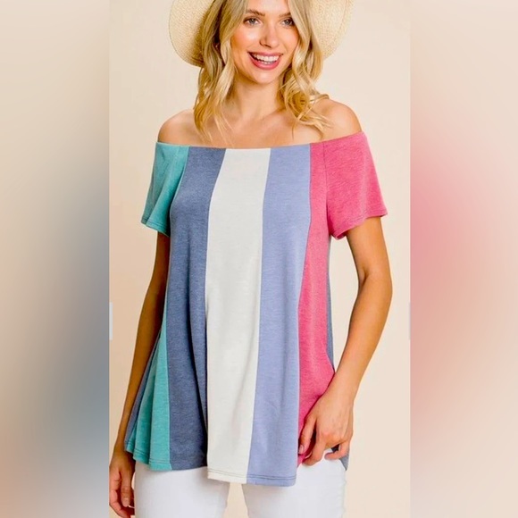 Emerald Color Block Off Shoulder Top Medium - Picture 1 of 5